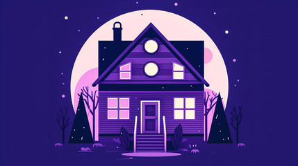 House with glowing windows at night, creative illustration, generative AI.