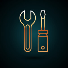 Gold line Screwdriver and wrench spanner tools icon isolated on dark blue background. Service tool symbol. Vector