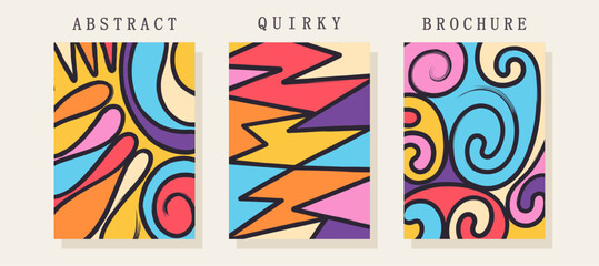 Quirky posters. Colorful randome freehand shapes. Cheerful stylized children's creativity. Trendy composition from brush strokes and spots. Vector template