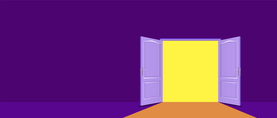 Abstract metaphor, modern minimalistic concept.
Surreal composition with an open door on a dark background. Vector image.