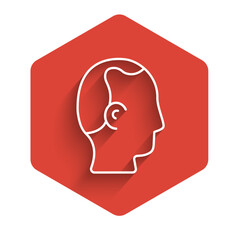White line Baldness icon isolated with long shadow background. Alopecia. Red hexagon button. Vector