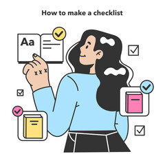Checklist making concept. Character planning her education or making