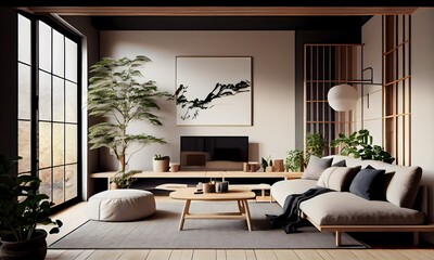 The interior of a living room designed with a Japan style emphasizes simplicity, natural elements, and minimalism, Generative AI