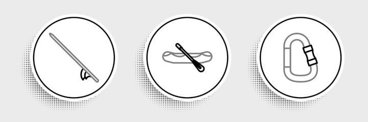 Set line Carabiner, Surfboard and Rafting boat icon. Vector