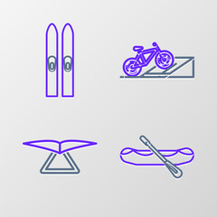 Set line Rafting boat, Hang glider, Bicycle on street ramp and Ski and sticks icon. Vector