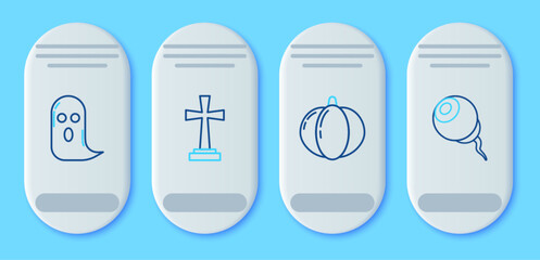 Set line Tombstone with cross, Pumpkin, Ghost and Eye icon. Vector