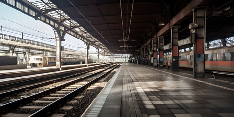 Fototapeta na wymiar Deserted platform at an empty modern railway station, summer day, strike concept, AI generated