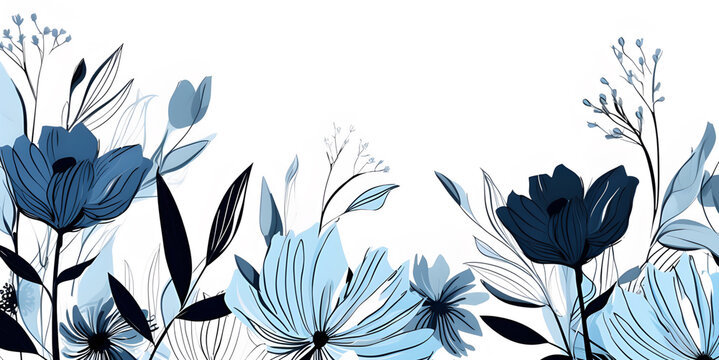 Abstract floral art background vector. Botanical watercolour hand painted gentle blue flowers and leaf branch with line art on white background, free copy space  AI generated