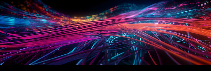 Coloured electric cables and led, optical fiberglass, intense colours, dark background for technology image and new business trends created with Generative AI technology