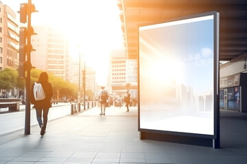 Digital Media Blank billboard, signboard for product advertisement, design, advertising light box billboard, on busy city street background with people, sunny day,, AI generated