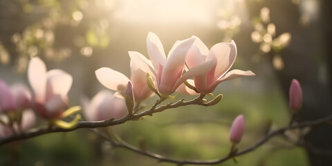 Spring background with blooming magnolia brunches, spring concept, banner, AI generated