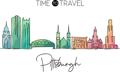 Obraz premium Single continuous line drawing of Pittsburgh city skyline, Pennsylvania. Famous city landscape. World travel concept home wall decor print poster art. Modern one line draw design vector illustration