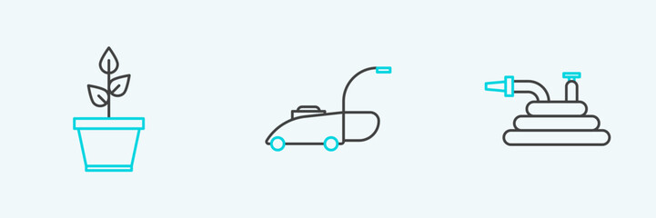 Set line Garden hose or fire hose, Plant in pot and Lawn mower icon. Vector