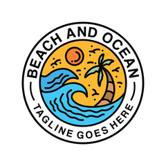 Sea Wave Ocean Monoline Logo Vector Vintage Emblem Design badge illustration Symbol Icon