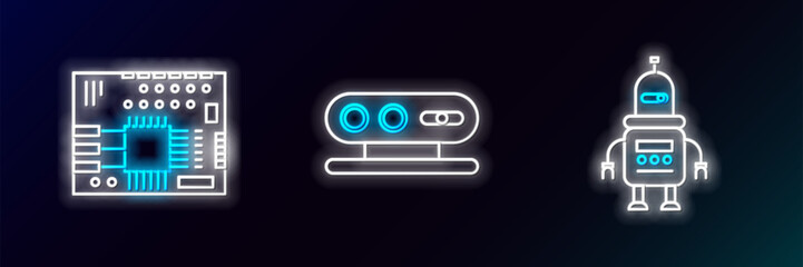 Set line Robot, Printed circuit board PCB and 3d scanning system icon. Glowing neon. Vector