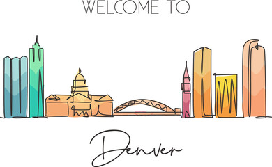 Single continuous line drawing of Denver city skyline, USA. Famous city scraper and landscape. World travel concept home decor wall art poster print. Modern one line draw design vector illustration