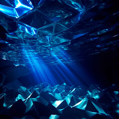 Abstract deep blue glowing polygonal surfaces and rays of light between them,  reflection, causing effect, generative AI backdrop