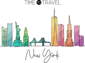 Single continuous line drawing of New York city skyline, USA. Famous city scraper and landscape. World travel concept home wall decor poster print art. Modern one line draw design vector illustration