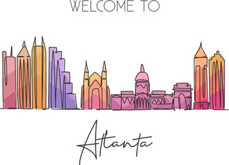 One single line drawing of Atlanta city skyline, United States. Historical town landscape. Best holiday destination wall decor poster print art. Trendy continuous line draw design vector illustration