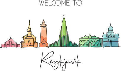 One single line drawing of Reykjavik city skyline, Iceland. Historical town landscape in world. Best holiday destination poster. Editable stroke trendy continuous line draw design vector illustration - obrazy, fototapety, plakaty