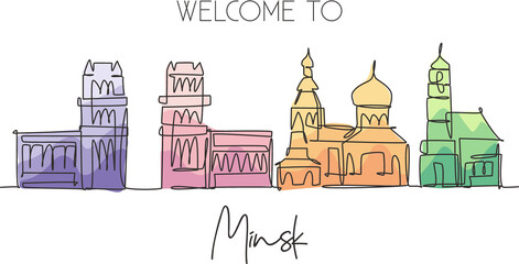 Single continuous line drawing of Minsk city skyline, Belarus. Famous city scraper and landscape home wall decor poster print art. World travel concept. Modern one line draw design vector illustration