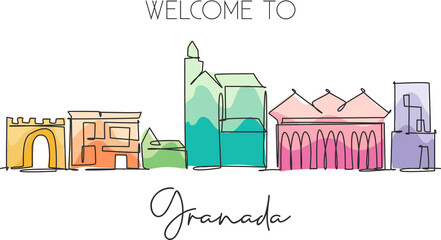 One continuous line drawing of Granada city skyline, Spain. Beautiful skyscraper. World landscape tourism travel vacation concept wall decor poster. Stylish single line draw design vector illustration - obrazy, fototapety, plakaty