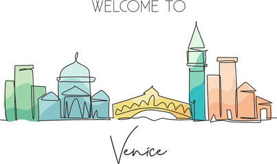 Single continuous line drawing of Venice city skyline, Italy. Famous skyscraper landscape postcard. World travel home wall decor poster print concept. Modern one line draw design vector illustration © Simple Line