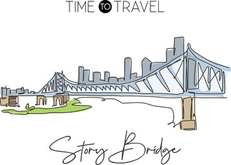 One single line drawing Story Bridge landmark. World famous iconic in Brisbane. Tourism travel postcard home wall decor poster print art concept. Modern continuous line draw design vector illustration - obrazy, fototapety, plakaty