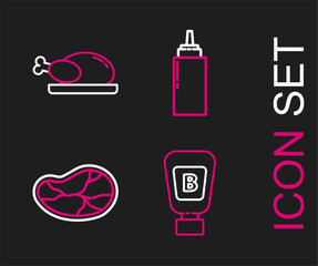 Set line Sauce bottle, Steak meat, and Roasted turkey or chicken icon. Vector