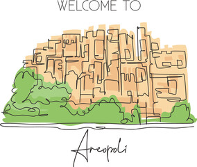 One single line drawing old Areopoli Greek village landmark. World famous place in Greece. Tourism travel postcard wall decor poster art concept. Modern continuous line draw design vector illustration
