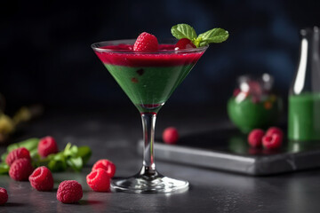 Colorful cocktails garnished with berries. martini glass decorated with raspberries. ai generative