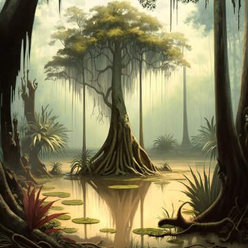 sauroplantia trees in jungle surrounded by sanguine stinging nettles carnivorous plants with feeding roots Spanish moss vines between trees sandy loam ground with swampy marsh pond in the center God 