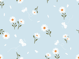 Fototapeta na wymiar Seamless pattern with daisy flower on blue background vector illustration.