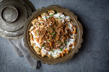 Turkish traditional food of Kastamonu tirit meal, yoghutr and bread. Turkish name; tirit kebabi