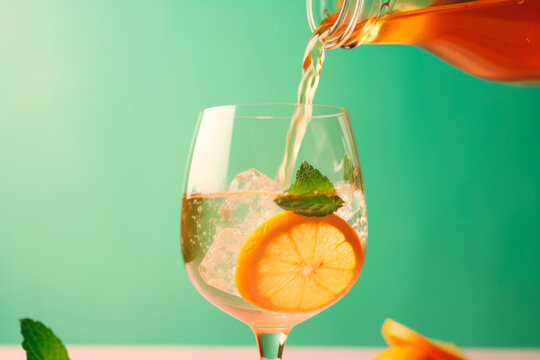 Pouring summery orange and mint cocktail on green background. generative ai.