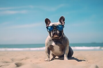 Obraz na płótnie Canvas Happy dog on the beach, summer vacation, travel concept, generative ai