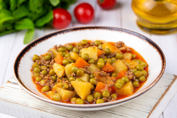 Traditional delicious Turkish food; Peas with minced meat (Turkish name; Kiymali bezelye yemegi)