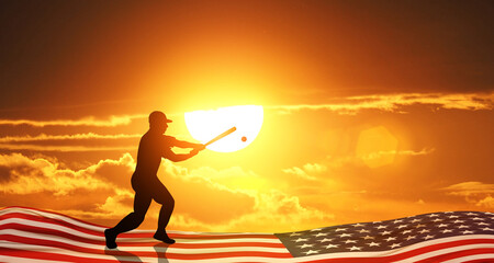 Baseball player on the background of the USA flag. American national game.