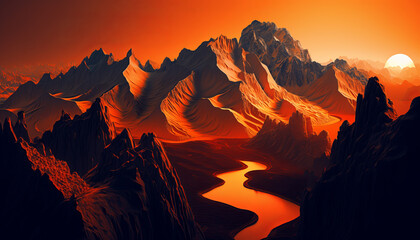 Mountains and river against orange sunset