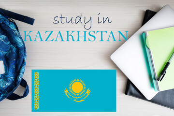 Study in Kazakhstan. Background with notepad, laptop and backpack. Education concept.