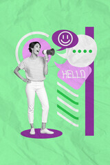 Vertical creative photo of positive friendly impressed woman scream in megaphone communicating chatting isolated painted background