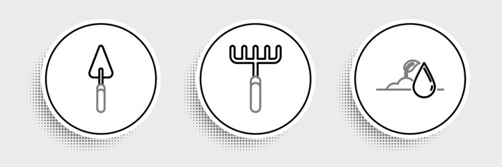 Set line Watering sprout, Garden trowel spade or shovel and rake icon. Vector