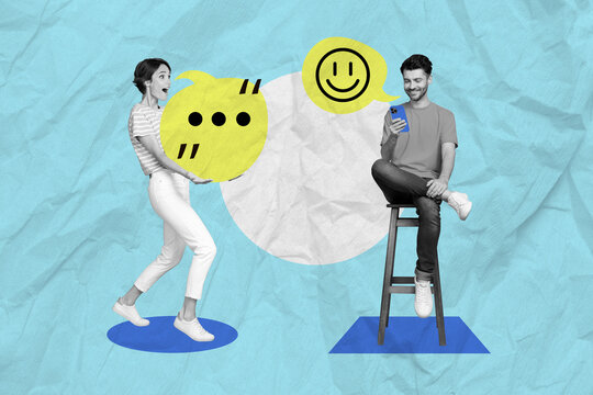 Creative artwork concept 3d photo collage of positive optimistic funky young people communicating chatting isolated painting background