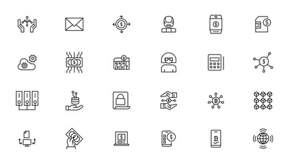 Set of fintech modern icons. Simple line art style icons pack.fintech simple concept icons set. Contains such icons as finance, technology, blockchain, innovation and more, can be used for web