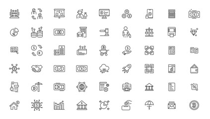 Set of fintech modern icons. Simple line art style icons pack.fintech simple concept icons set. Contains such icons as finance, technology, blockchain, innovation and more, can be used for web