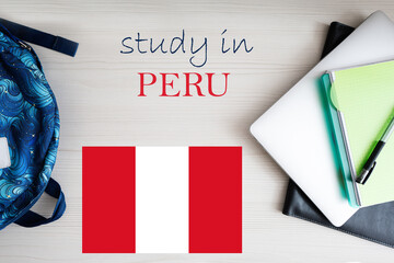 Study in Peru. Background with notepad, laptop and backpack. Education concept.