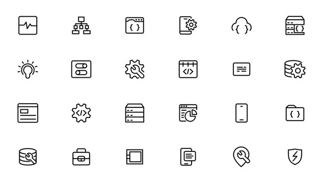 Software development icon collection. Programming coding icon set. Programmer and developer symbol