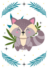 Cover with raccoon. Adorable animal sitting next to bushes and foliage against background of stars. Charming and cute character. Fauna and wild life. Cartoon flat vector illustration