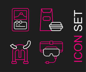 Set line Virtual reality glasses, Viking in horned helmet, Burger and Card game icon. Vector