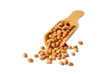 Mahlep, Mahlab or Mahaleb seeds and wooden spoon isolated on white background